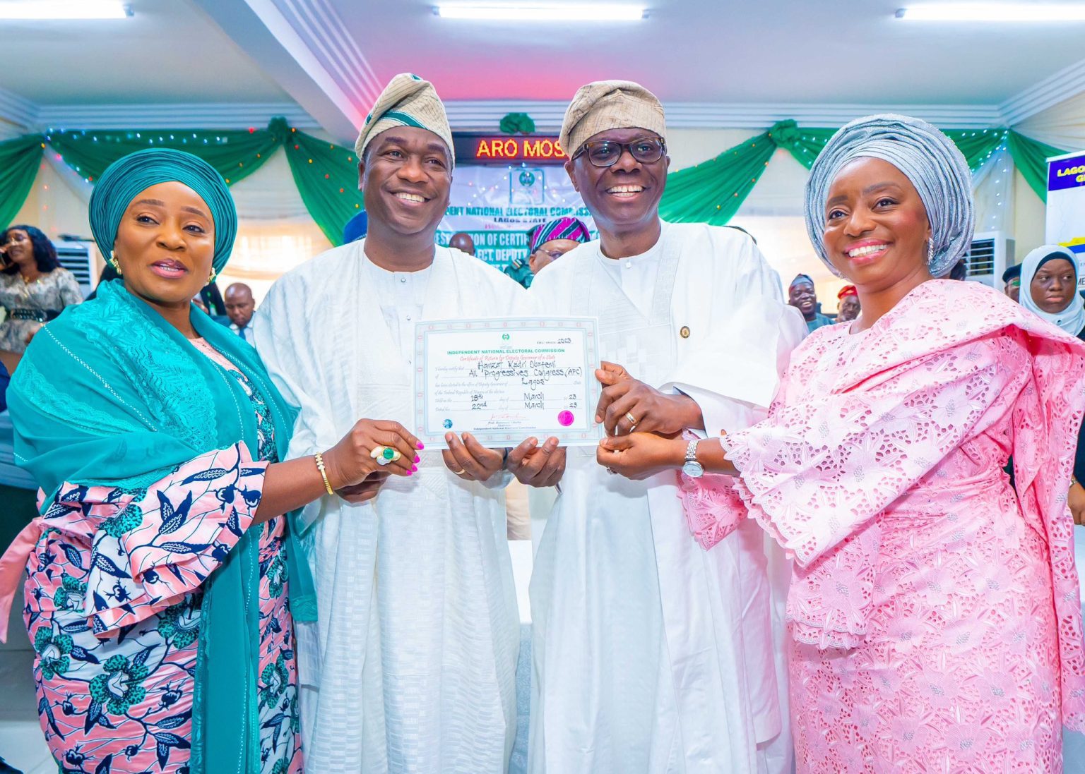Lagos State Governor Sanwo-Olu with his certificate of return